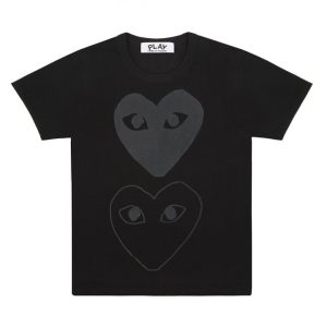 PLAY BLACK T-SHIRT BLACK DOUBLE HEART SCREENPRINT